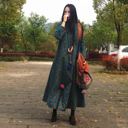 Free Shipping 2019 Chinese Style Loose Long Maxi Cotton And Linen One-piece Dress Winter And Autumn Thick Dresses Fleece Inside