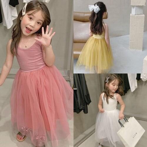 New summer girls' dress girl Sling Dress Girl mesh dress girl performance dress girl dancing skirt girl Knee Skirt