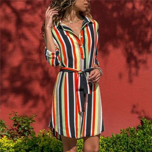Summer Long Sleeve Shirt Dress Casual Boho Beach Women Dresses Striped Print A-line Mini Party Dress Vestidos