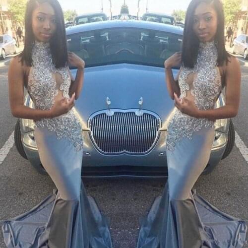 Silver Mermaid Prom Dresses 2019 Sexy High Neck Keyhole Sequins Lace Appliques Long Evening Gowns Black Girls Party prom dress