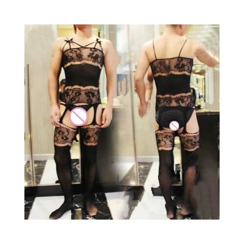 SHENGRENMEI Mens Porno Nightwear Sex Jumpsuit Men Lingerie Flower Bowknot Teddies Body Stocking Fishnet Bodysuit Sexy Costumes