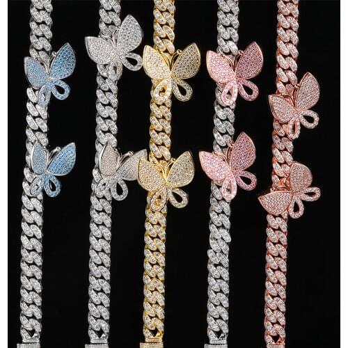 Blue Pink Cuban Link Butterfly Choker Necklace Chain Crystal Rhinestone Chokers Necklaces for Women Gold Collar Wholesale