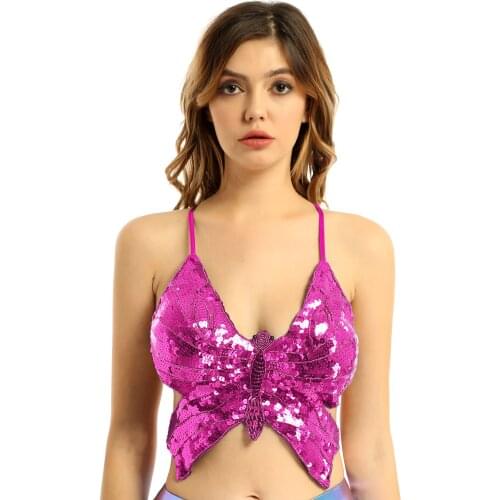 Womens Belly Dance Top Shiny Sequin Beaded Butterfly Shaped Bra Tops Lace-up Sleeveless Backless Crop Top Vest for Nightclub