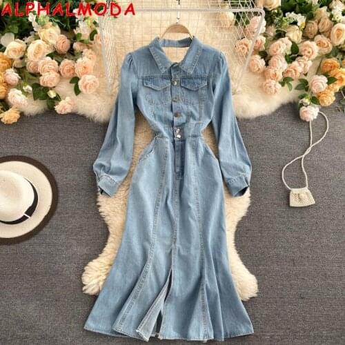 ALPHALMODA 2020 Autumn New Retro Hollow Back Chic Women Denim Dress Mermaid Split Hem Ladies High Waist Fashion Jeans Dress