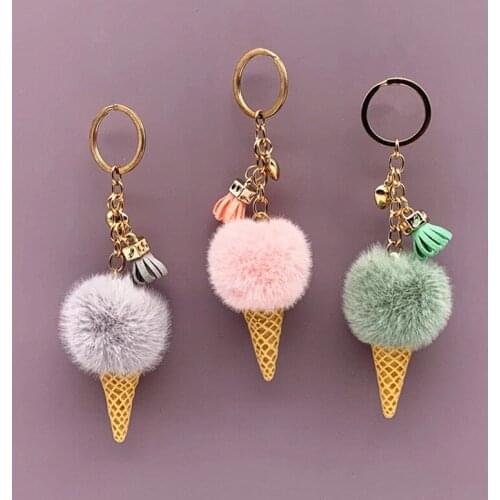 1PC Fur Fluffy Ice Cream Keychain Plush Ball Pendant Key Chains for Women Handbag Car Key Jewelry Decoration Soft Key Rings