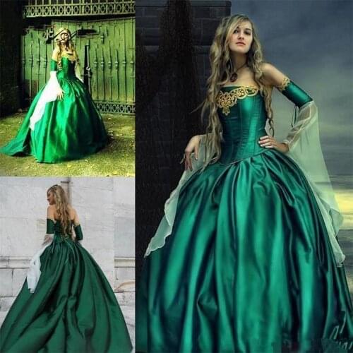 2020 Gothic Wedding Dresses Halloween Victorian Bridal Gowns Long Sleeves Floor Length Corset Back Satin Hunt Green Embroidery