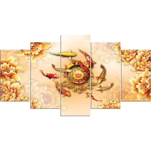 5 pcs Wall Art diamond painting Feng Shui Graph Home Decoration diamond embroidery fish lotus painting for living room 5 panels