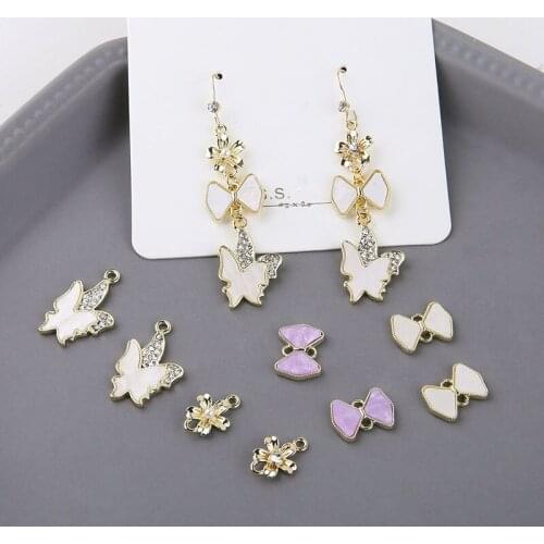 DIY Jewelry Accessories Material 20pcs Enamel Rhinestone Alloy Butterfly Charms Ribbon Knot Bow Flower Earring Pendants