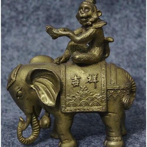 Free shipping Fengshui Chinese Brass Copper folk Monkey Hold Seal Ride JiXiang Elephant Statue
