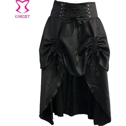 Black Satin Gothic Skirt With Ruffle Women Burlesque Mid Swallowtail Skirts Matching Steampunk Corsets and Bustiers