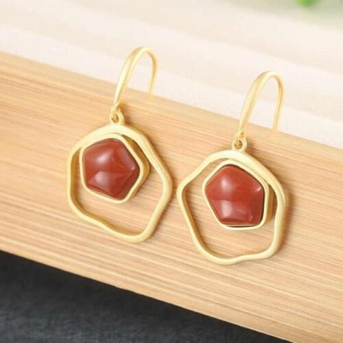 Pure S925 Silver Earrings Women Red Agate Flower Dangle Earrings Fashion Earrings