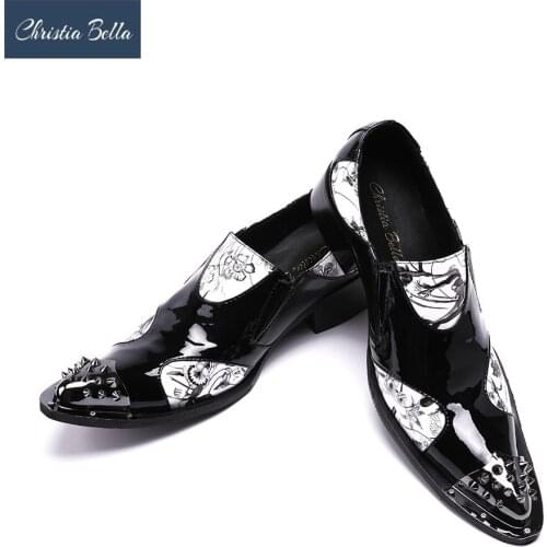 Christia Bella Designer Leather Patent Formal Dress Shoes Sexy Men Nightclub Rivet Shoes Pointed Toe High Heels Steampunk Shoes