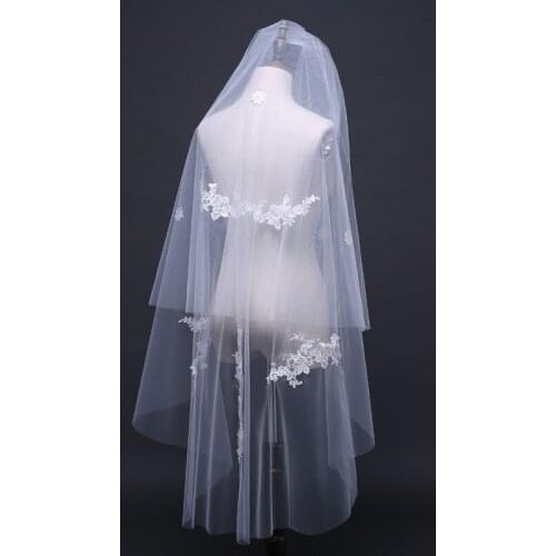 Cut Edge Two-Layer Lace Applique And Hand Made Flower Wedding Veil Brdal Veils