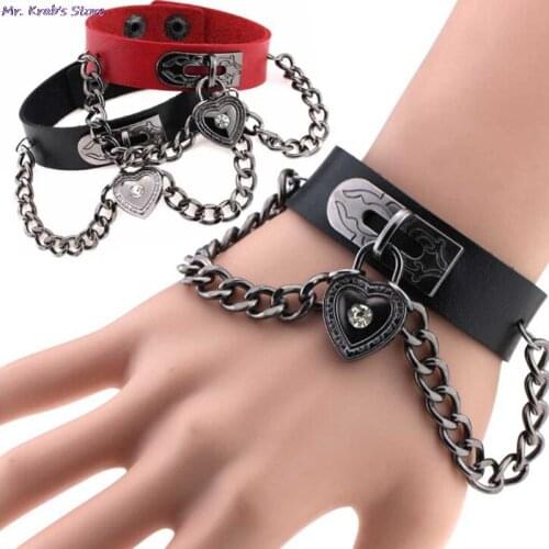 Personality Rhinestone Heart Spikes Chains Cuff Leather Bracelet Newest Punk Gothic Rock Unisex Bangles Bracelets Jewelry