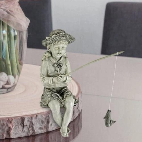 Lightweight Attractive Delicate Fishing Child Figurine All-weather Garden Sculpture Exquisite Outdoor Decoration