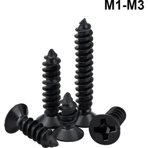 M1 M1.2 M1.4 M1.7 M2 M2.3 M2.6 M3 Black Steel Phillips/Cross Flat Countersunk Head Self-tapping Screws Small Wood Pointed Screws