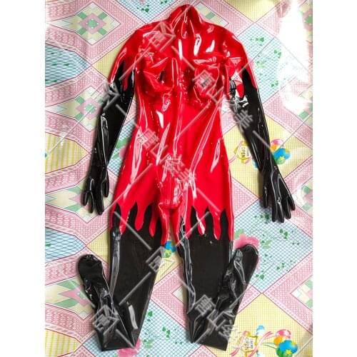 MEN LATEX CATSUIT BALCK & RED WITH INFLATABLE BREAST CROSS-DRESSER BACK ZIP