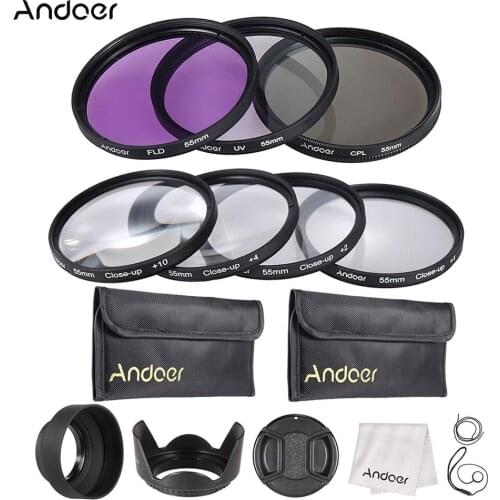 Andoer 55mm UV+CPL+FLD+Close-up(+1+2+4+10) Lens Filter Kit w/Carry Pouch Lens Cap Cap Holder Tulip&Rubber Hoods Cloth