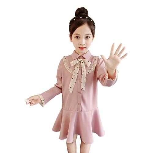 Girls Button-Down Long Sleeve Solid Color Bow Tie Decor Korean Style Shirts Dresses Casual Chiffon Pink Princess Dress