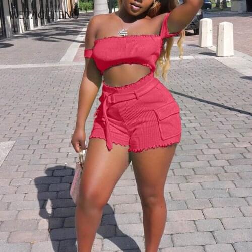 Sexy Off Shoulder Knit Crop Top Biker Shorts Two Piece Set Women Red Tracksuit Lounge Wear Cotton 2 Piece Outfits 2020 Clothing