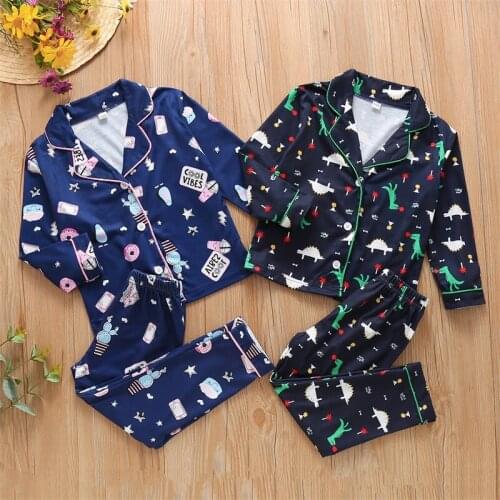 Boys Cartoon Print Dinosaur Pajamas Sets Long Sleeve Button Tops Elastic Waist Pants Sleepwear