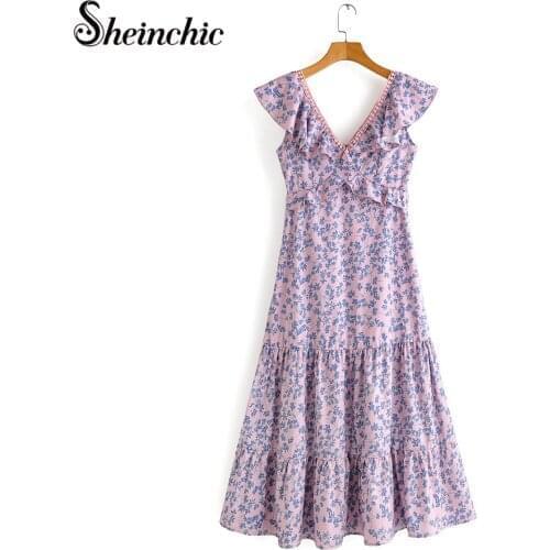 Bohemian Pink Floral Printed Long Dresses for Women Summer 2021 Boho Elegant Ruffles Chiffon Maxi Beach Dress