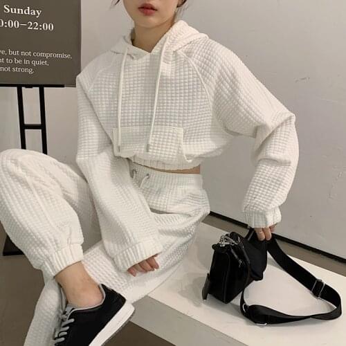 Casual Wear Drawstring Sweatshirt Womens Hooded Short Hoodies Top Winter Fashion White Plaid Big Pocket Cropped Pullovers Brand