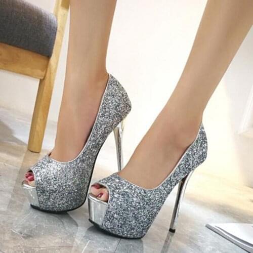 Bling Pumps 12cm High Heels Stiletto Shoes Women Black and Silver Heels Sexy Sequine Ladies Platform Shoes Wedding Chunky Pumps