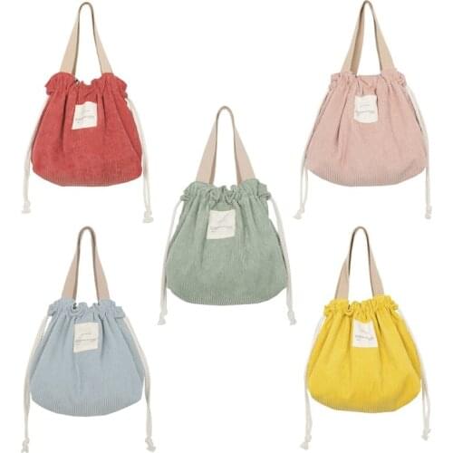 Drawstring Corduroy Portable Lunch Box Bag Solid Color Picnic Handbag Picnic Food Storage Bag M6CE