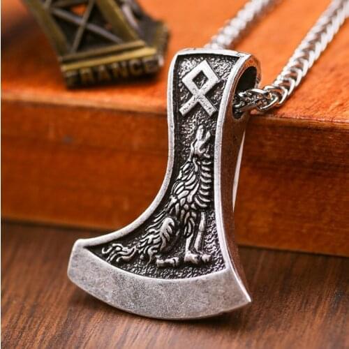Vintage Wolf Crow Double Axe Pendant Necklace Nordic Viking Axe Rune Amulet Mens Fashion Necklace