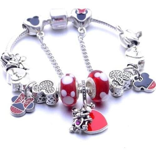 Foreign trade explosions Minnie Pandora charm bracelet red enamel Kiss Mickey Mouse pendant bracelet female jewelry