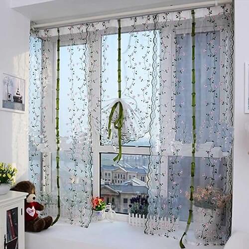 Rural Fresh Hand Embroidered Floral Shade Sheer Voile Door Cafe Kitchen Curtain