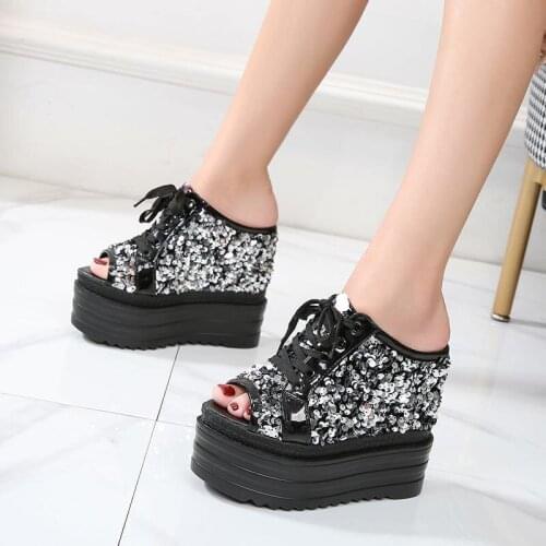 Womens Peep Toe Rainbow Colors Sequins Bling Wedge High 13CM Heel Sandals Slingbacks Shoes Platform New 2021