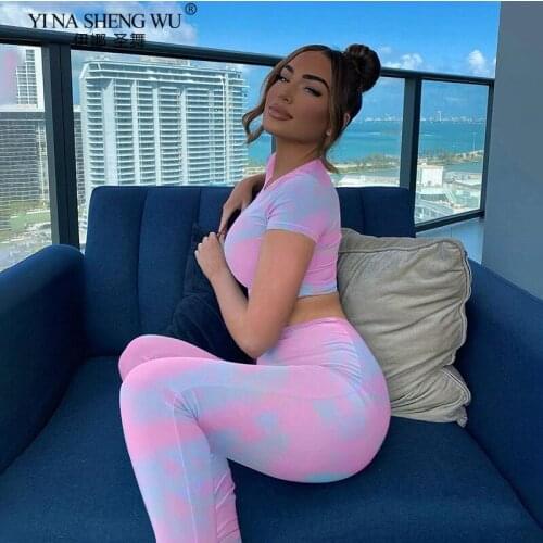 2021 Yoga Sports Suit Tie Dye Sexy Crop Tops Leggings Bodycon 2 pieces Set Summer Women Fashion Streetwear Tracksuit Sportswear
