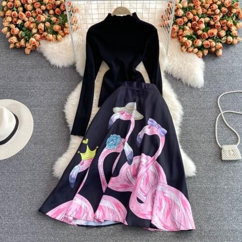 Elegant OL Knitwear Two piece set Women 2021 Autumn New Black Bottoming Sweater + Flamingo Print Big Swing Long Maxi Skirts Suit