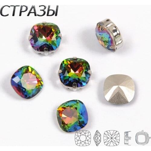 001VM Rainbow Cushion cut strass sew on rhinestones gold Silver base claw glass crystal rhinestone Diy clothing accessories