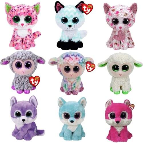 15CM Ty Beanie Boos Big Eyes Fox Cat Sheep Wolf Series Plushie Cute Doll Baby Kid Toys Decor Child Christmas Birthday Gift