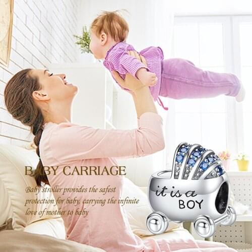 Fine New 925 Sterling Silver Boy Bb Car Charms Blue Zircon Baby Carriage Beads Fit European Bracelet for Novice Mom Jewelry
