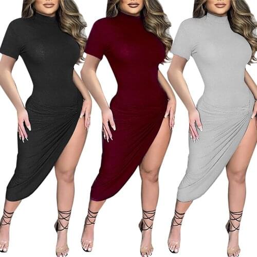 Black Wrap Side Split Bodycon Midi Dresses Short Sleeve for Women Summer 2021Clothing Solid O-Neck Night Partywear Skinny Dress