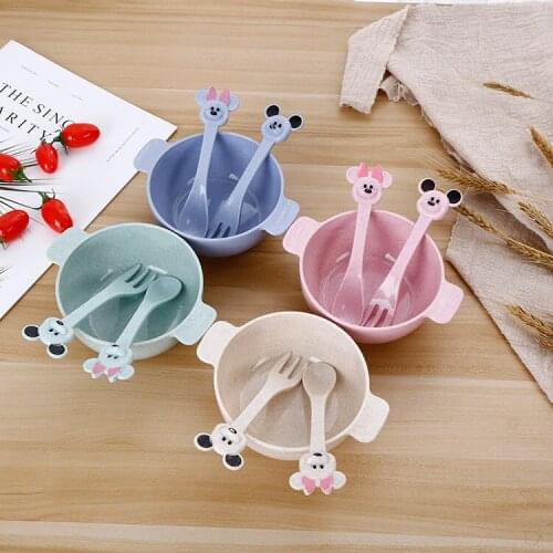 Childrens bowl creative cute cartoon baby bowl household Mickey Minnie eating bowl anti fall anti scald bowl spoon fork set