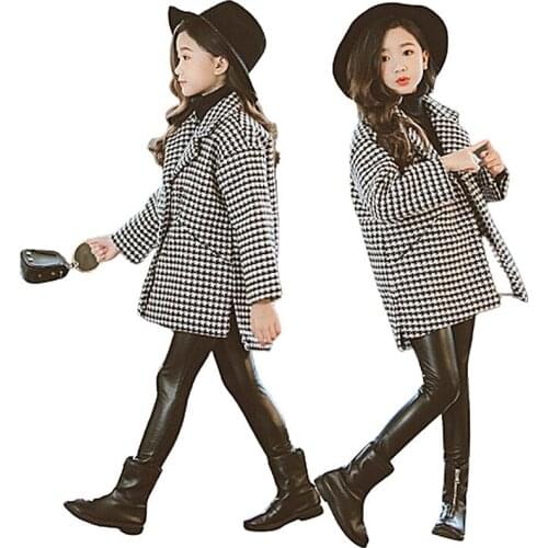 Girl woolen coat Winter girls thick Long Jackets childrens clothing Kids lattice Jacket&Outwear wear woolen coat Kids Outerwear