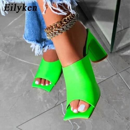 Eilyken New Fashion Patent Leather Women Slippers Outdoor Square High Heels Ladies Peep Toe Gladiator Sandals Ladies Shoes