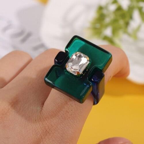 2021 New Transparent Resin Acrylic Rhinestone Colourful Geometric Square Rings for Women Fashion Jewelry Party Gifts for Girls