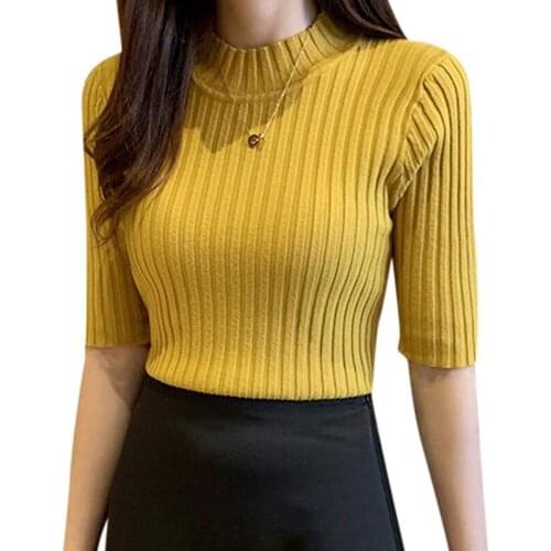 Summer Tshirt Liva Girl Summer Autumn Tee Tops New Slimming Mid-Sleeve Knitted Pullover Bottoming Top Camiseta Vetements Femmes