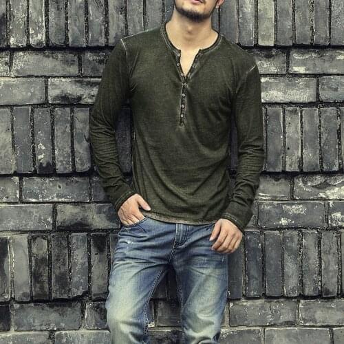 Mens autumn long-sleeved T-shirt top casual comfortable solid color long-sleeved V-neck button T-shirt top футболка мужская 40