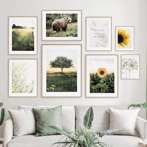 Wall Art Canvas With Bear Shaped Fence, Sunflower And Dandelion, Nordic Posters And Prints, Wall Pictures For Living Room Decora