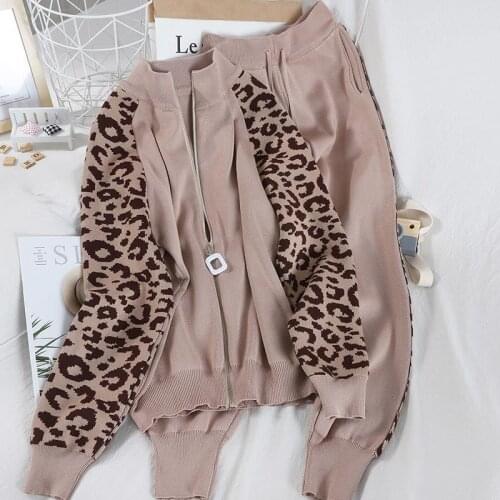 2021 autumn and winter new half high neck stitching leopard print long-sleeved knitted cardigan trousers two-piece suit women