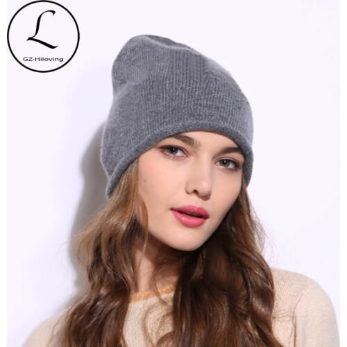 Autumn Winter Thick Wool Knit Beanies Hats For Women Black Stretch Striped Beanies Skullies Cap Ladies Bonnet Gorros Invierno