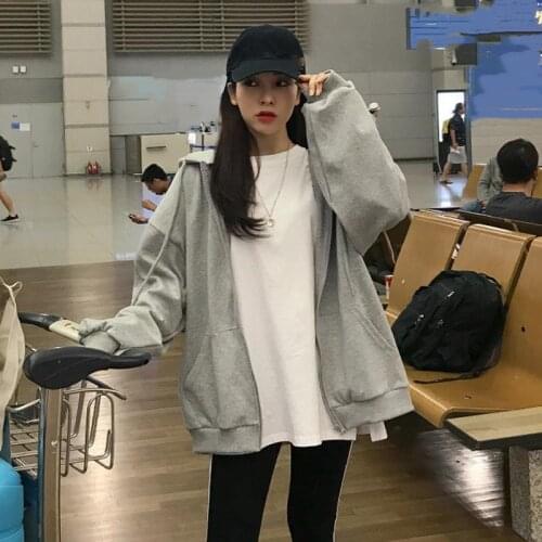 Gray Black Zip Up Hoodie Sweatshirt Coat Clothes Oversized Hoodie Women Plus Size Retro Pocket Long Sleeve Pullover Thin Section