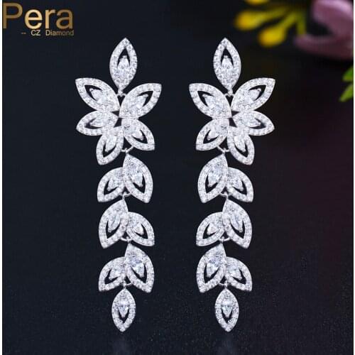 Pera Elegant Long Leaf Shape Drop Shiny Cubic Zirconia Symmetrical Silver Color Dangle Earrings for Women Fashion Jewelry E738